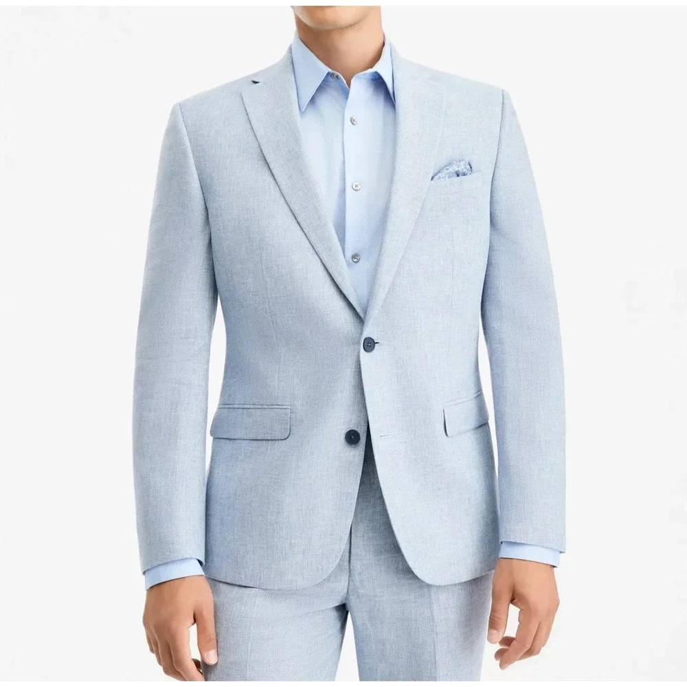 Bar III Men's Slim Fit 2 Piece Suit Jacket 44R Pant 36W 30L Blue Linen Cotton